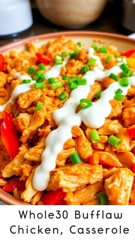 Whole30 Buffalo Chicken Casserole with chicken, bell peppers, and ranch dressing, garnished with green onions.